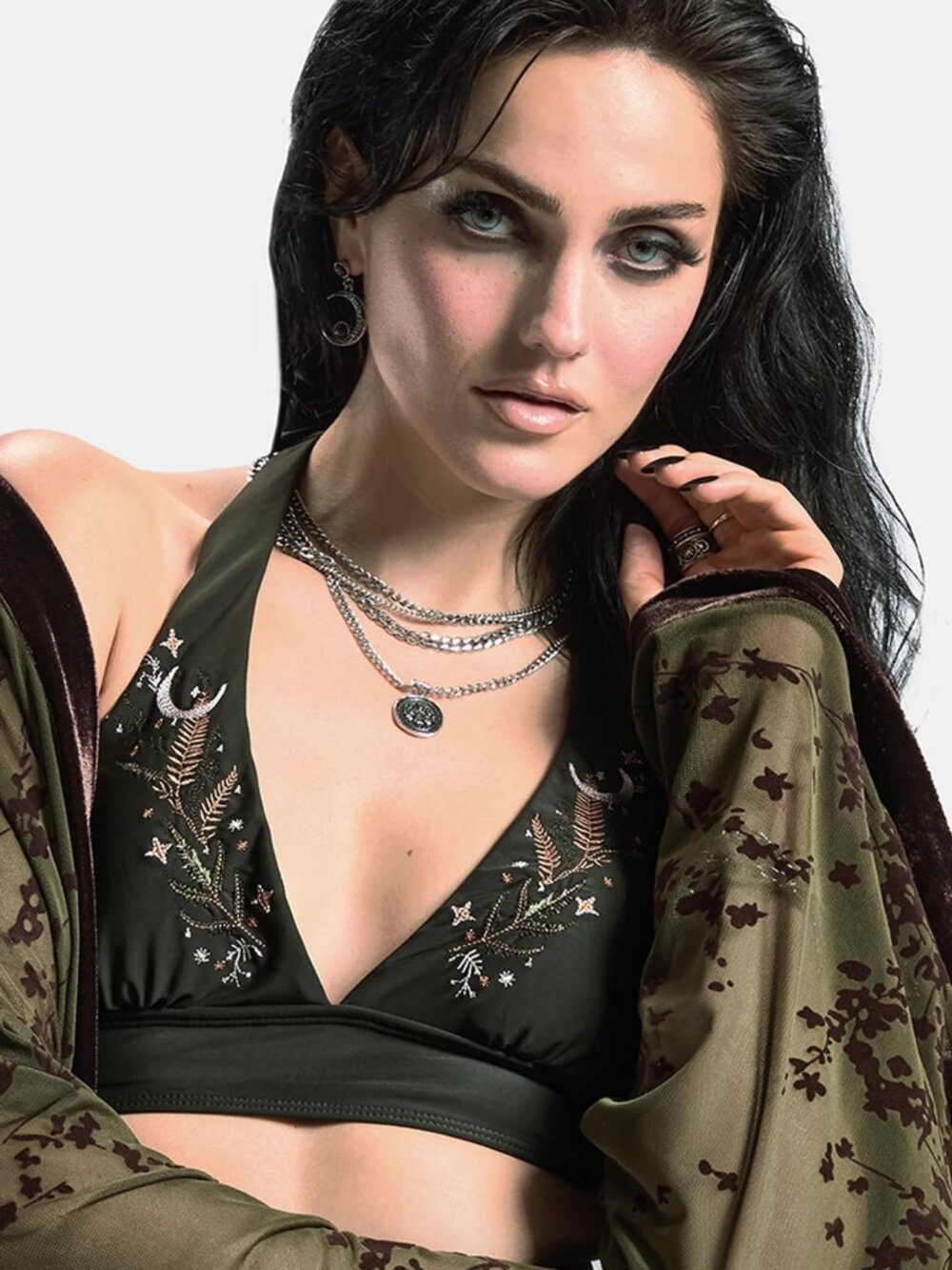 Disturbia Green Abellona Embroidered Halter Neck Bikini Top